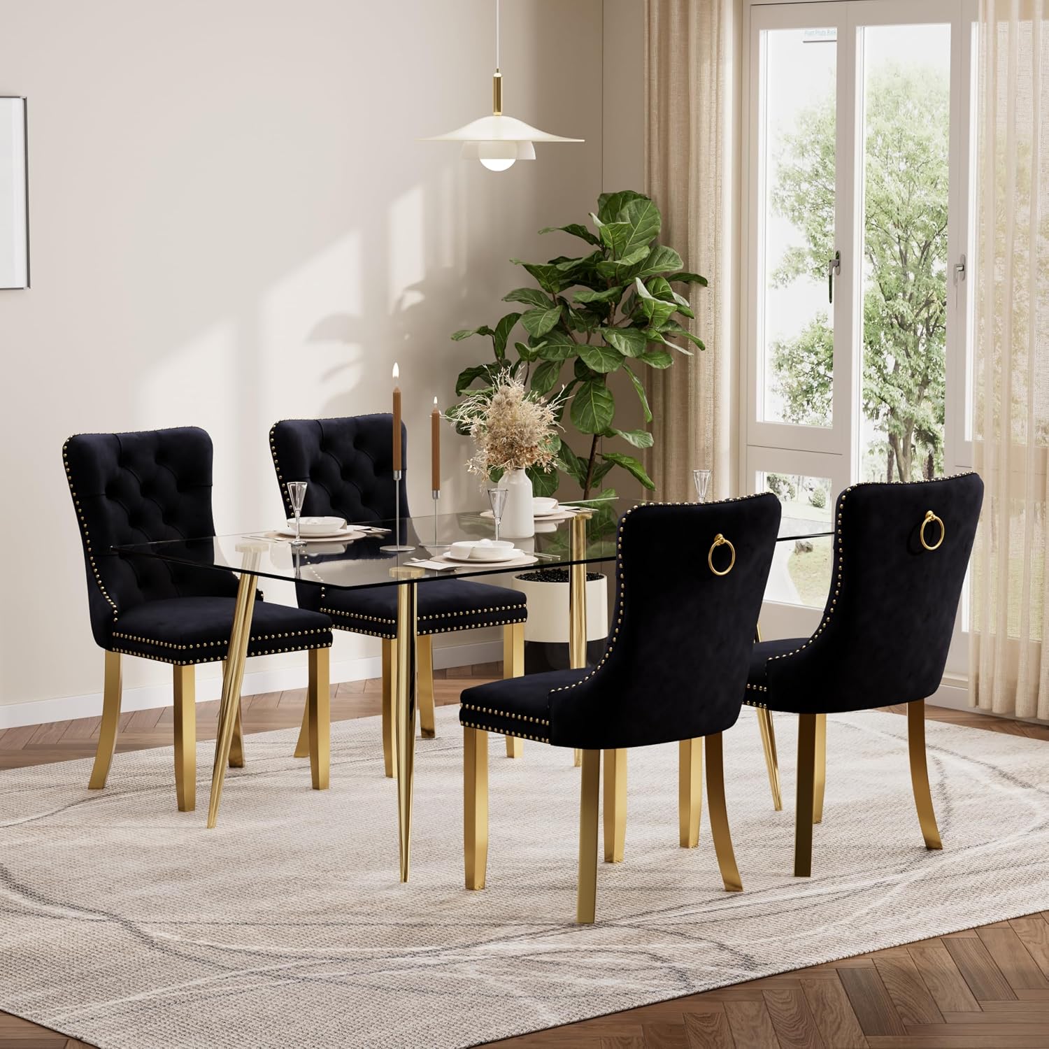 Baysitone 63" Glass Dining Table Set for 4, 5 Piece Modern Dining Room Set, Rectangular Glass Kitchen Table with 4 Upholstered Velvet Chairs, for Kitchen, Home, Small Spaces(Black&Gold)