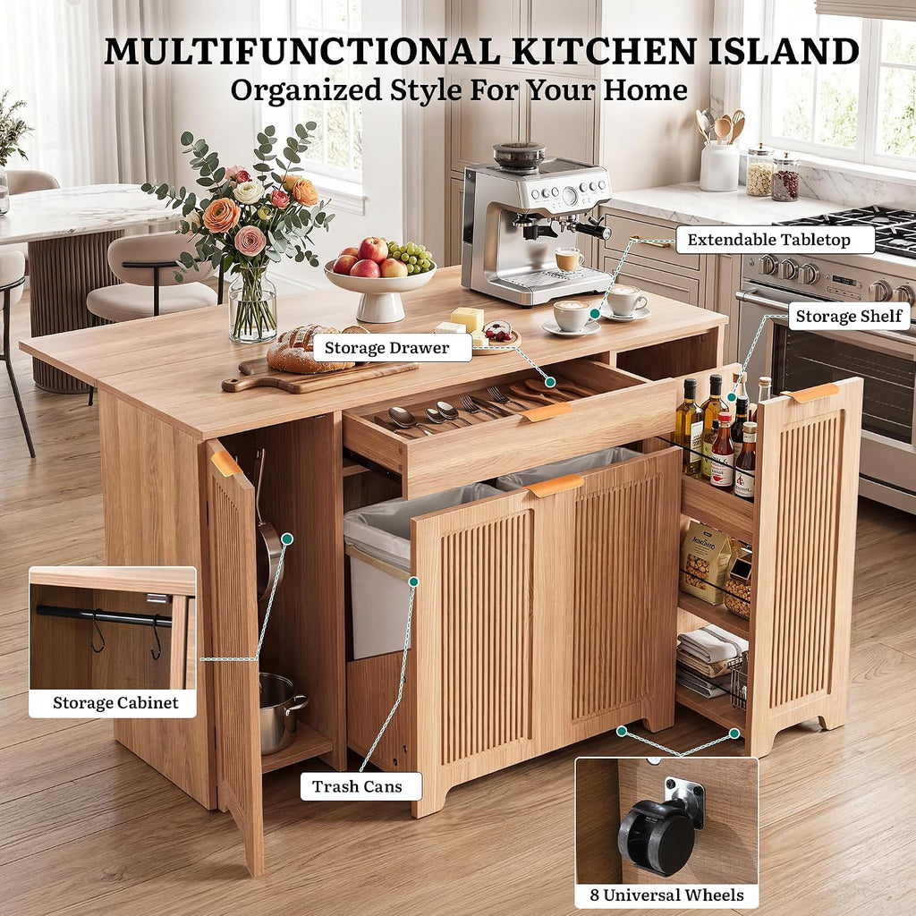 YITAHOME Expandable Kitchen Island with Hidden Trash Cabinet | 55.1" Rolling Kitchen Island with Drop Leaf, Storage Drawer & 3-Tier Side Shelves, Mobile Kitchen Island on Wheels with Hooks