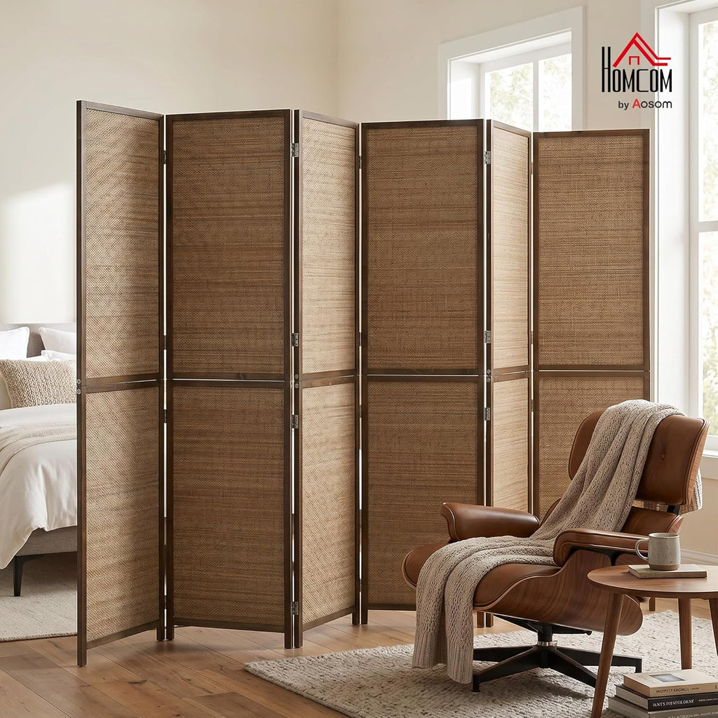 HOMCOM Room Divider, 6 FT Tall Folding Privacy Screen, 6 Panel Hand-Woven Bamboo Wall Partition for Room Separation, Portable Boho Freestanding Wall Divider for Bedroom, Home Office, Brown