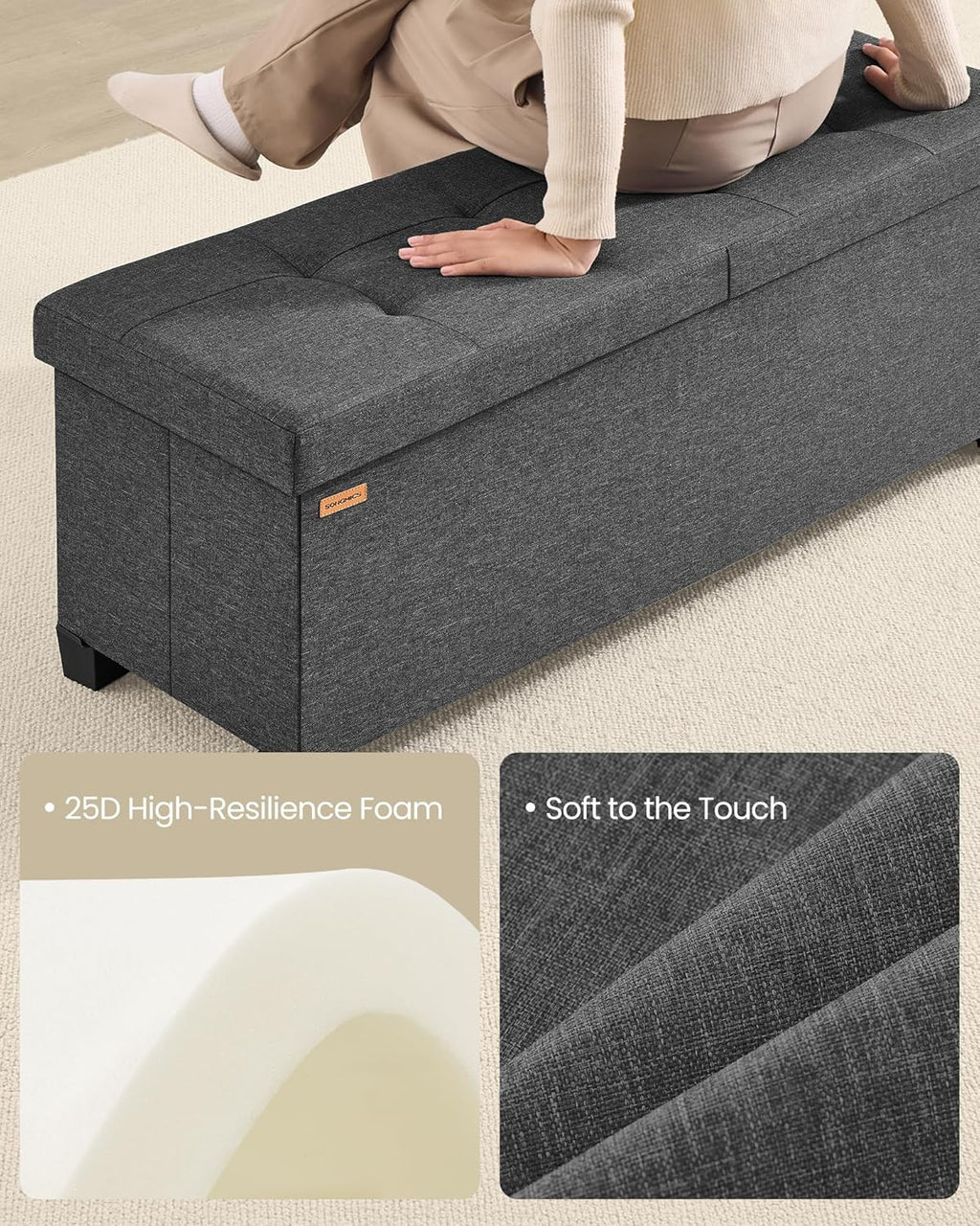 SONGMICS Storage Ottoman Bench with Legs, Folding Ottoman Foot Rest with Flipping Lid, Bench with Storage, for Living Room, Bedroom, Entryway, Linen-Look Fabric, 43.3 Inches, Slate Gray ULSF079GN01