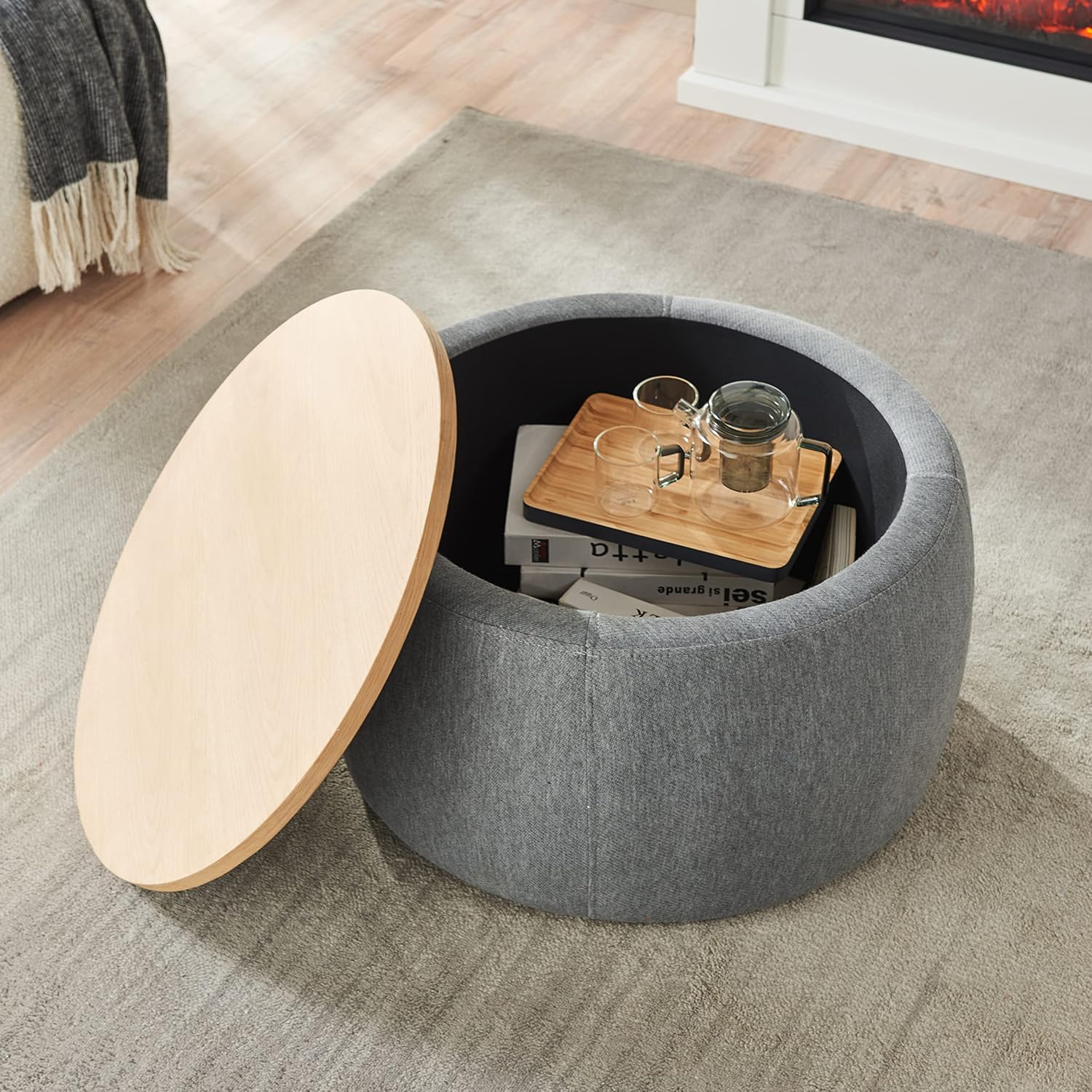 Round Ottoman, Ottoman with Storage, Coffee Table 2 in 1 Function, End Table for Living Room, Hallway, Bedroom (Dark Grey)