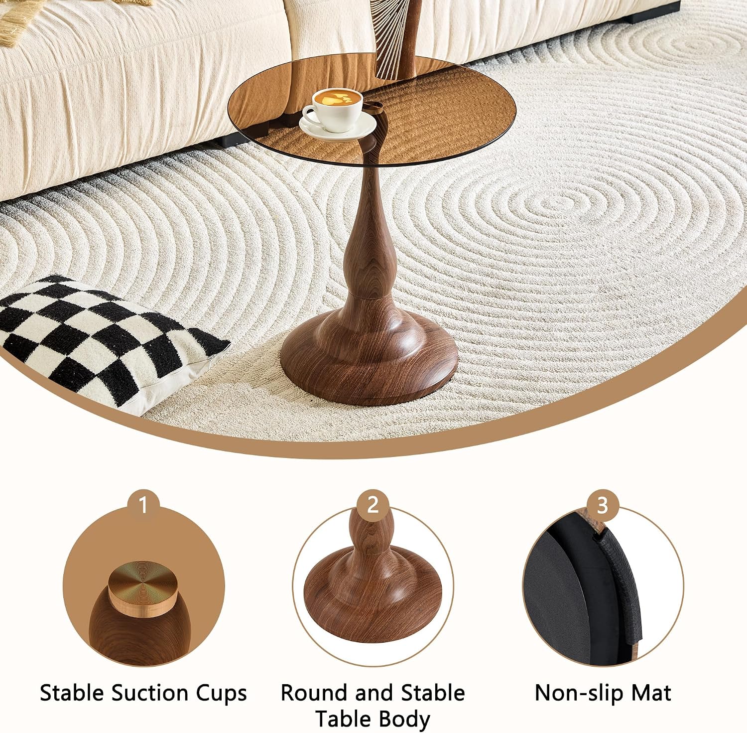 KEIKI Modern Side Table with Tempered Glass Top, Round Metal End Table for Living Room Bedroom Balcony, Small Accent Coffee Table for Sofa Side Bedside, 19.6", Walnut