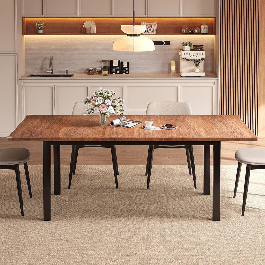Einhomn Extendable Dining Table for 4-6, 63" Modern Kitchen Table, Farmhouse Dining Room Tables for Dining, Kitchen, Office, Living Room, Rectangular Wooden Tables, Space Saving (Walnut)