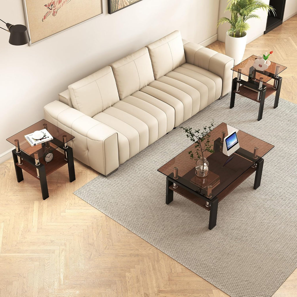 IANIYA 3 Pieces Living Room Table Set, Coffee Table Set of 3 Modern Rectangle Tempered Glass Coffee Table with 2 End Side Tables, 3 Piece Table Sets for Apartment Home Office (3, Brown)
