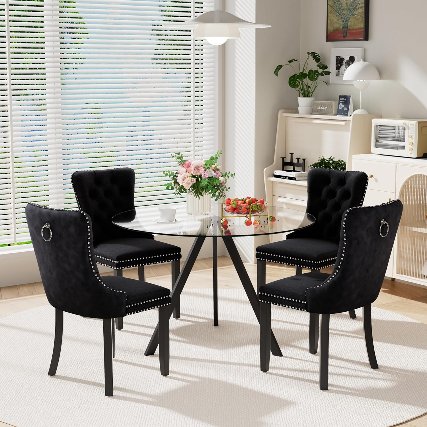 5-Piece 39" Round Glass Dining Table Set with 4 Velvet Upholstered Chairs, Dining Chairs with Solid Wood Legs, Modern Kitchen Table with Triangular Metal Base for Dining Room(Black)