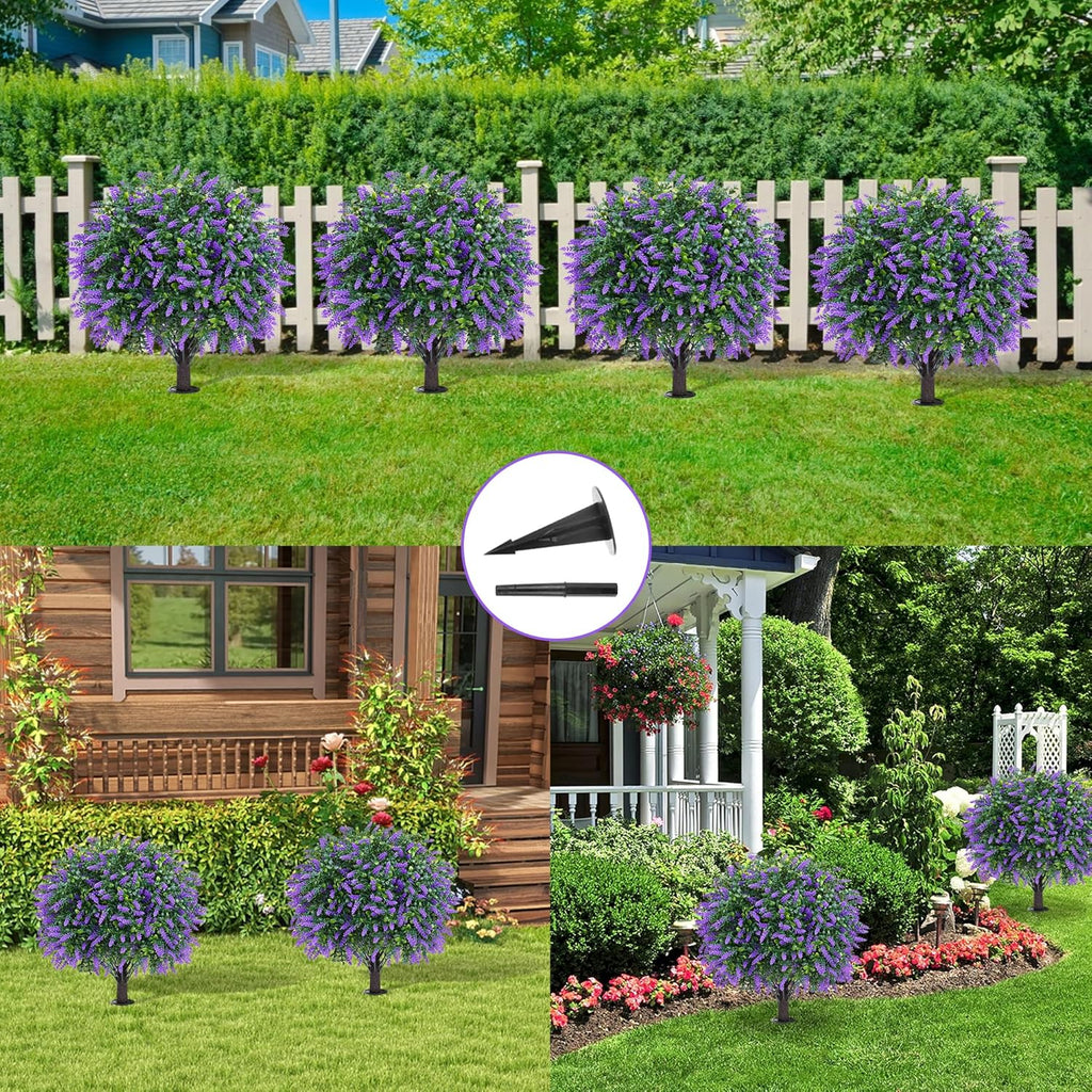 Grooy Artificial Boxwood Topiary Ball with Lavender, Set of 2 Artificial Shrub Bushes with Ground Spike, UV Resistant Fake Evergreen Plant Tree for Porch Outdoor Planters Indoor