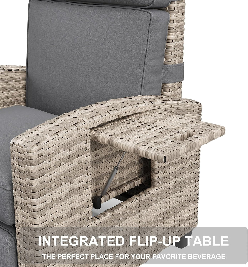 GarveeLife Outdoor Recliner Chair, PE Wicker Lounge Chair with Adjustable 145° Lay-Flat Backrest, Independent Footrest & Side Table, Plush Cushion for Patio, Poolside, Backyard in Brown