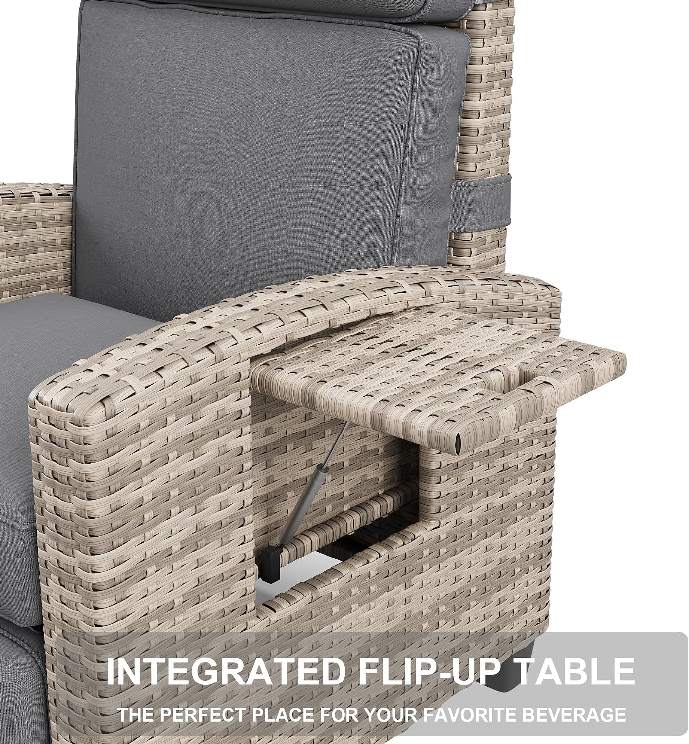 GarveeLife Outdoor Recliner Chair, PE Wicker Lounge Chair with Adjustable 145° Lay-Flat Backrest, Independent Footrest & Side Table, Plush Cushion for Patio, Poolside, Backyard in Brown