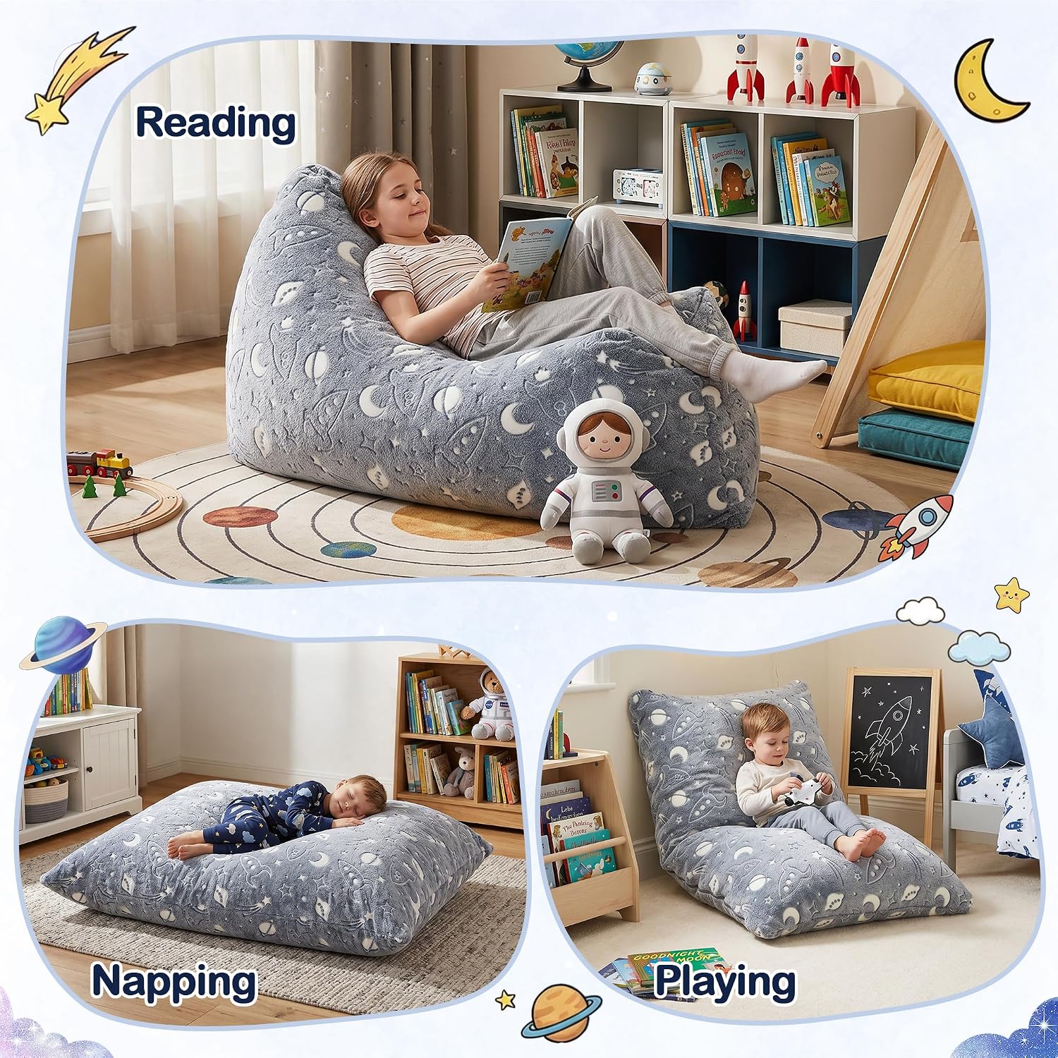 BRINJOY Kids Bean Bag Chair Bed, 3 in 1 Memory Foam Filled Bean Bag Sofa with Removable Cover for Playroom Daycare Bedroom, Toddlers Lazy Floor Mattress Lounger for Boys Girls, Spaceship