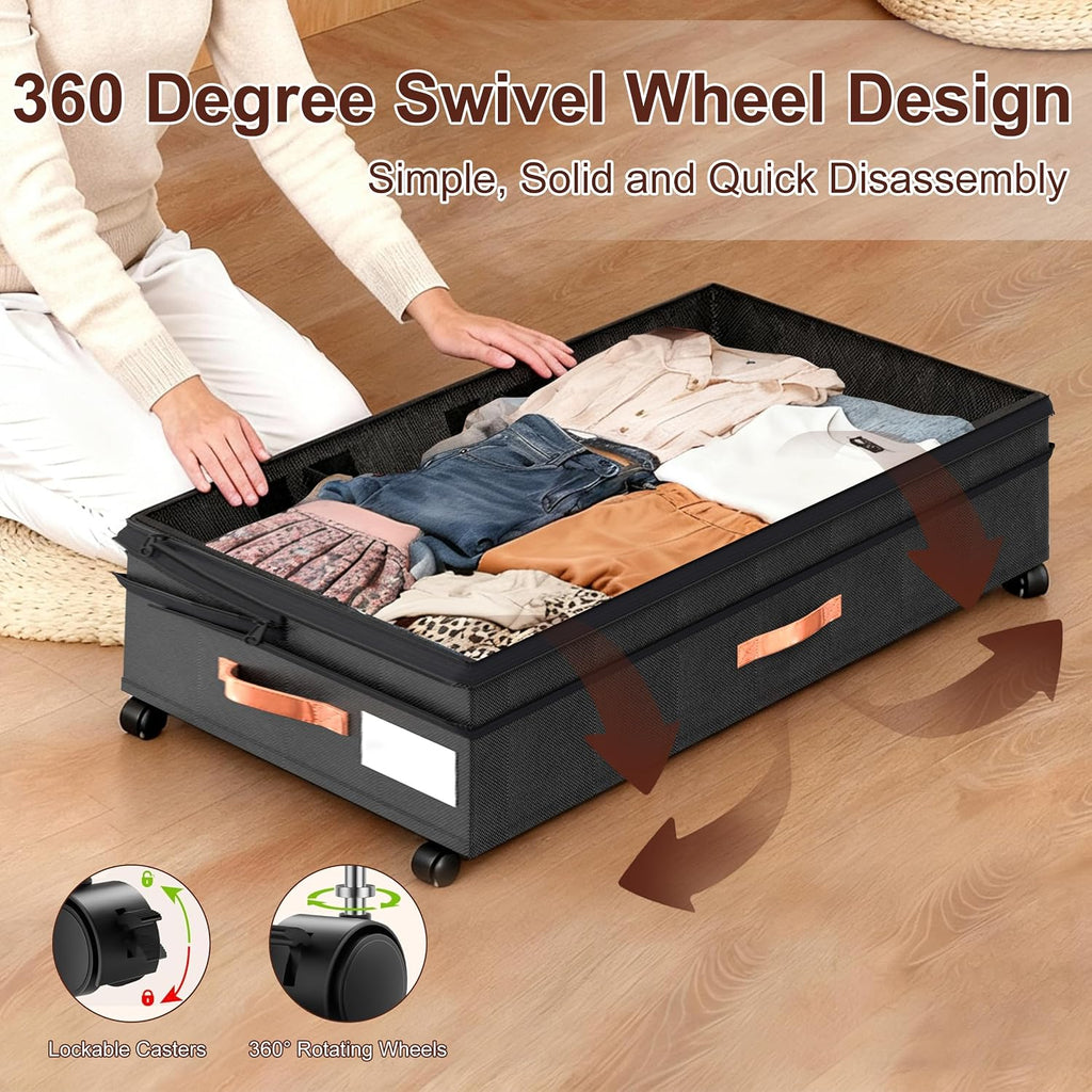 Under Bed Storage with Wheels, 2 Pack 70L Extra Large Rolling Underbed Organizer Bins with Lids, Heavy-Duty Foldable Container for Clothes, Shoes, Blankets, Fits 10“+ Clearance (Black)
