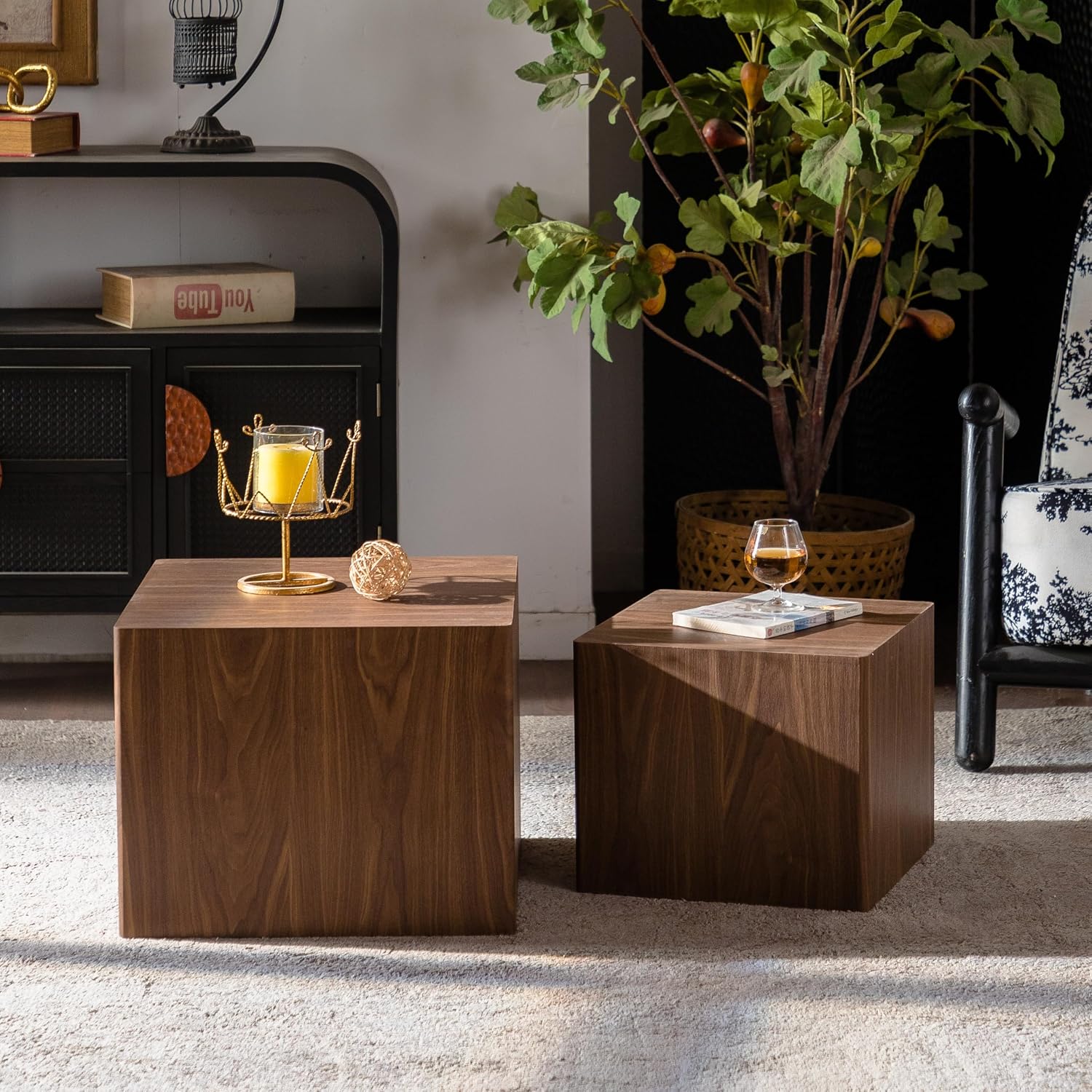 End Table Set of 2, Modern Side Tables with Wood Grain, Wooden Nesting Cube Coffee Table Set for Small Spaces, Living Room, Bedroom, Fully Assembled - Walnut