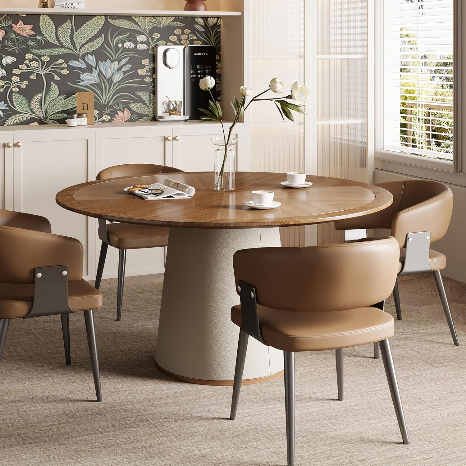 Round Faux Leather Base Dining Table for 4-6 People, Modern Wood Kitchen Table with Solid Veneer Top, Walnut, 59.05" (59.1 inches (Diameter) x 29.8 inches (Height))