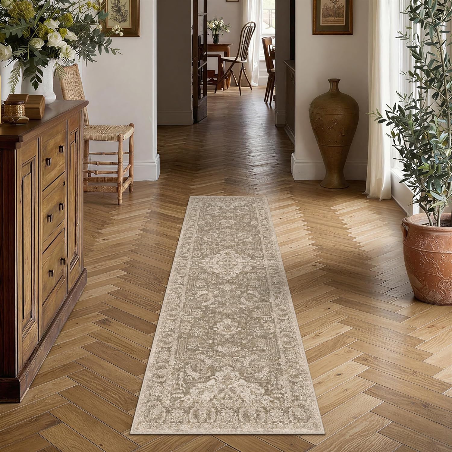 HUGEAR 2x6 Runner Rug Taupe Machine Washable Area Rug Room Decor Distressed Vintage Hallway Rugs Non Slip Carpet Low Pile Rugs for Kitchen Laundry Living Soft Lightweight