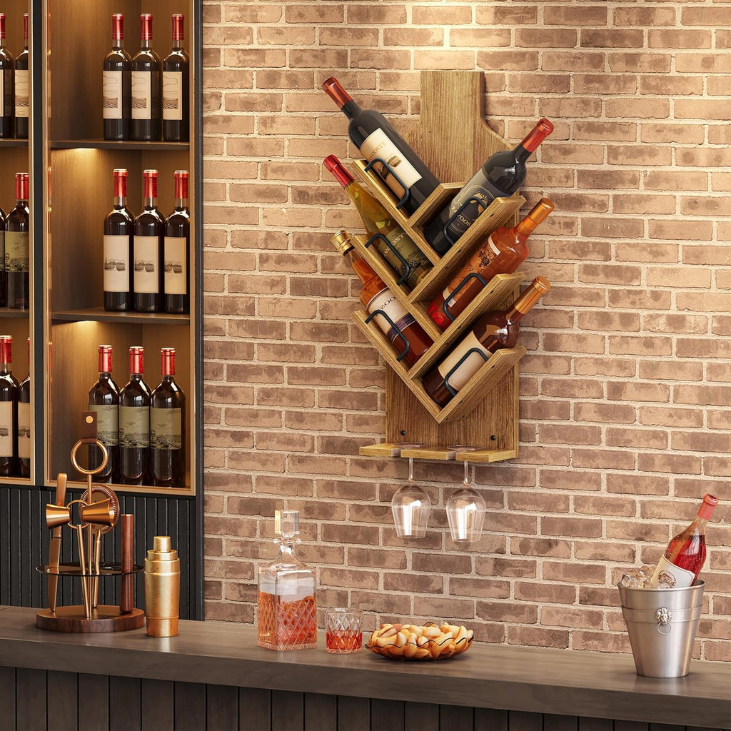 FAVOOSTY Wine Rack Wall Mounted for 6 Wine Bottles, Wall Racks for Wine Bottles Display and Storage with Glass Holder, Wood Wine Rack for Living Room, Dining Room, Wine Cellar, Bar (Light Brown)