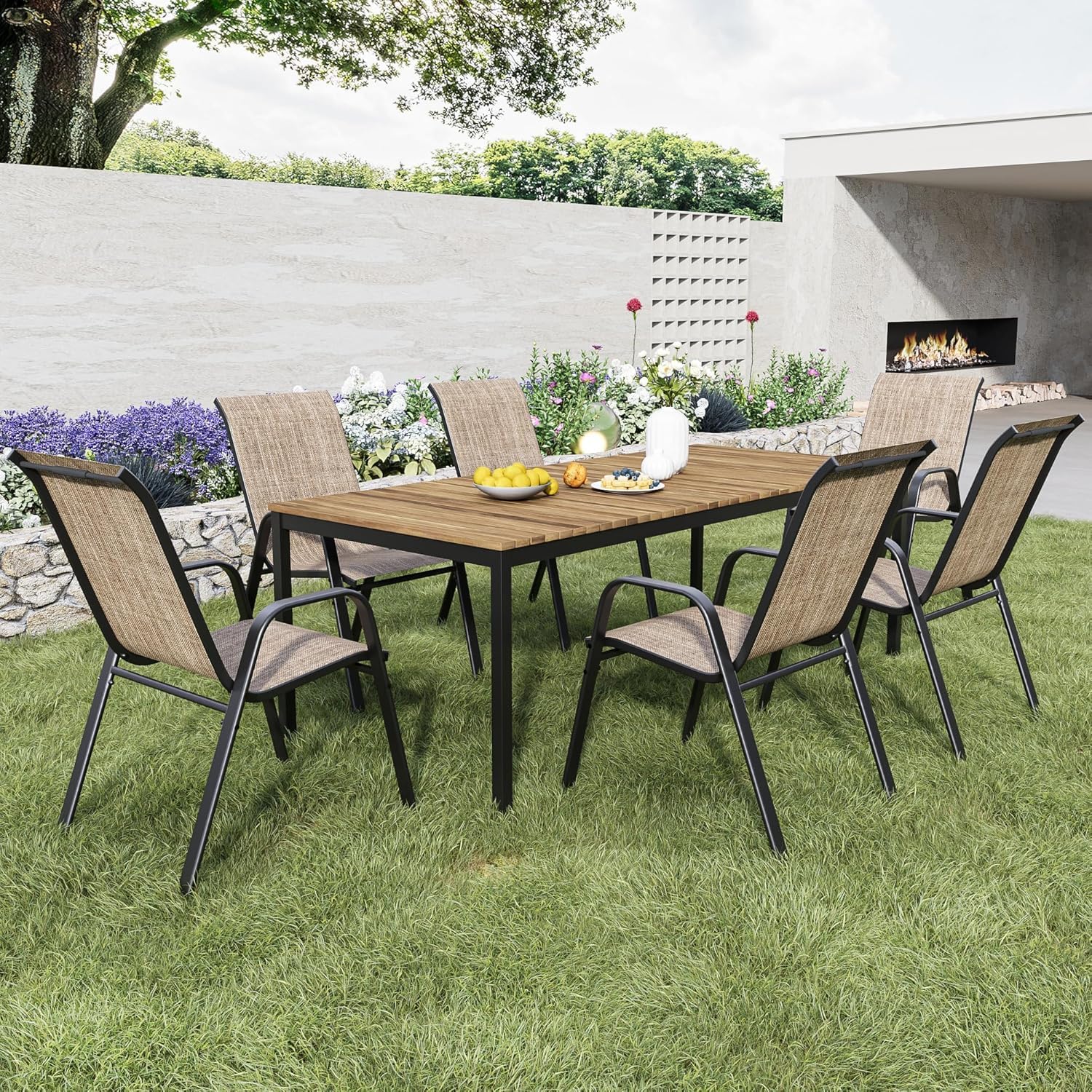 Patio Dining Chairs Set of 4 Outdoor Stackable Dining Chairs for All Weather 350lbs Capacity Heavy Duty Textilene Fabric Rustproof Metal Frame Patio Furniture for Backyard Garden Poolside (Brown)