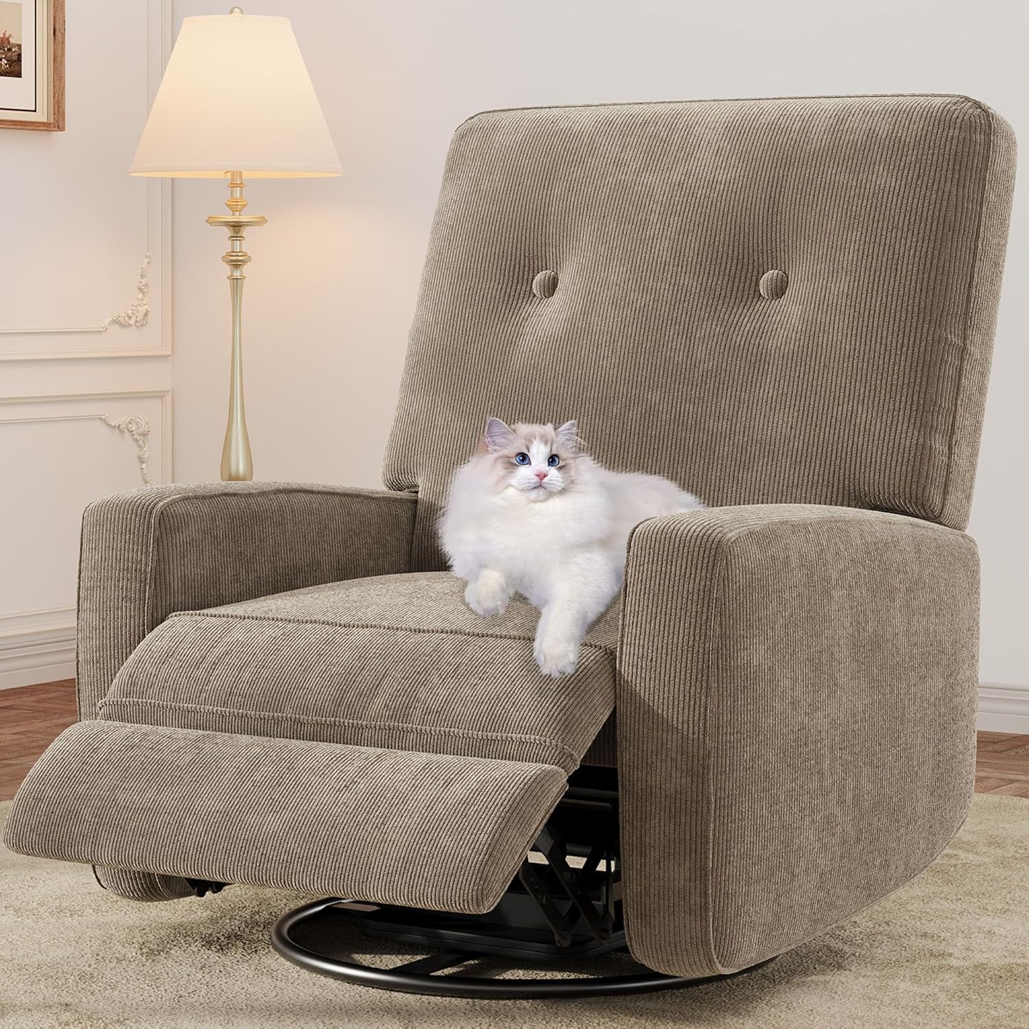 Garvee Nursery Recliner Chair, 360° Swivel Rocking Glider Chair for Adults with Adjustable Backrest & Footrest, Cozy Corduroy Upholstered Armchair for Living Rooms, Bedrooms, Apartments, Light Brown
