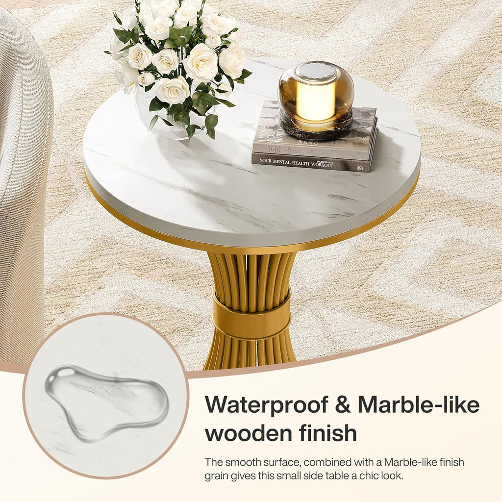 Tribesigns Round End Table, Modern Faux Marble Side Table with Gold Metal Base, Small White Gold Bedside Nightstand, Wooden Accent Table for Living Room, Bedroom, Sofa Side, White & Gold