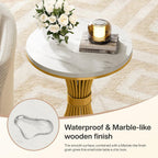 Tribesigns Round End Table, Modern Faux Marble Side Table with Gold Metal Base, Small White Gold Bedside Nightstand, Wooden Accent Table for Living Room, Bedroom, Sofa Side, White & Gold