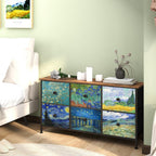 EXOTICA 6 Drawer Dresser for Bedroom Van Gogh Chest of Drawers Wide TV Stands Fabric Storage Drawer Unit for Living Room Entryway Closet Sturdy Steel Frame Wood Top