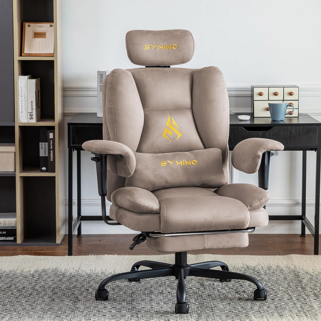 Symino Gaming Chair with Foot Rest, Unique Up/Down Armrests, Twill Fabric Ergonomic High Back Chair, 150° Recline Solid Color Computer Desk Chair, Light Coffee