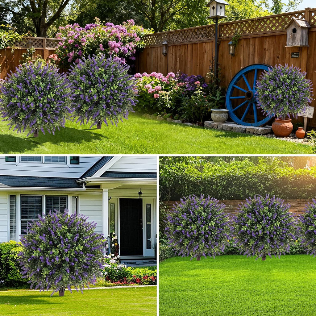 Artificial Boxwood Topiary Ball Trees with Lavender, UV Resistant Fake Shrubs Bushes with Spike Faux Evergreen Plant for Indoor Outdoor Front Porch Garden