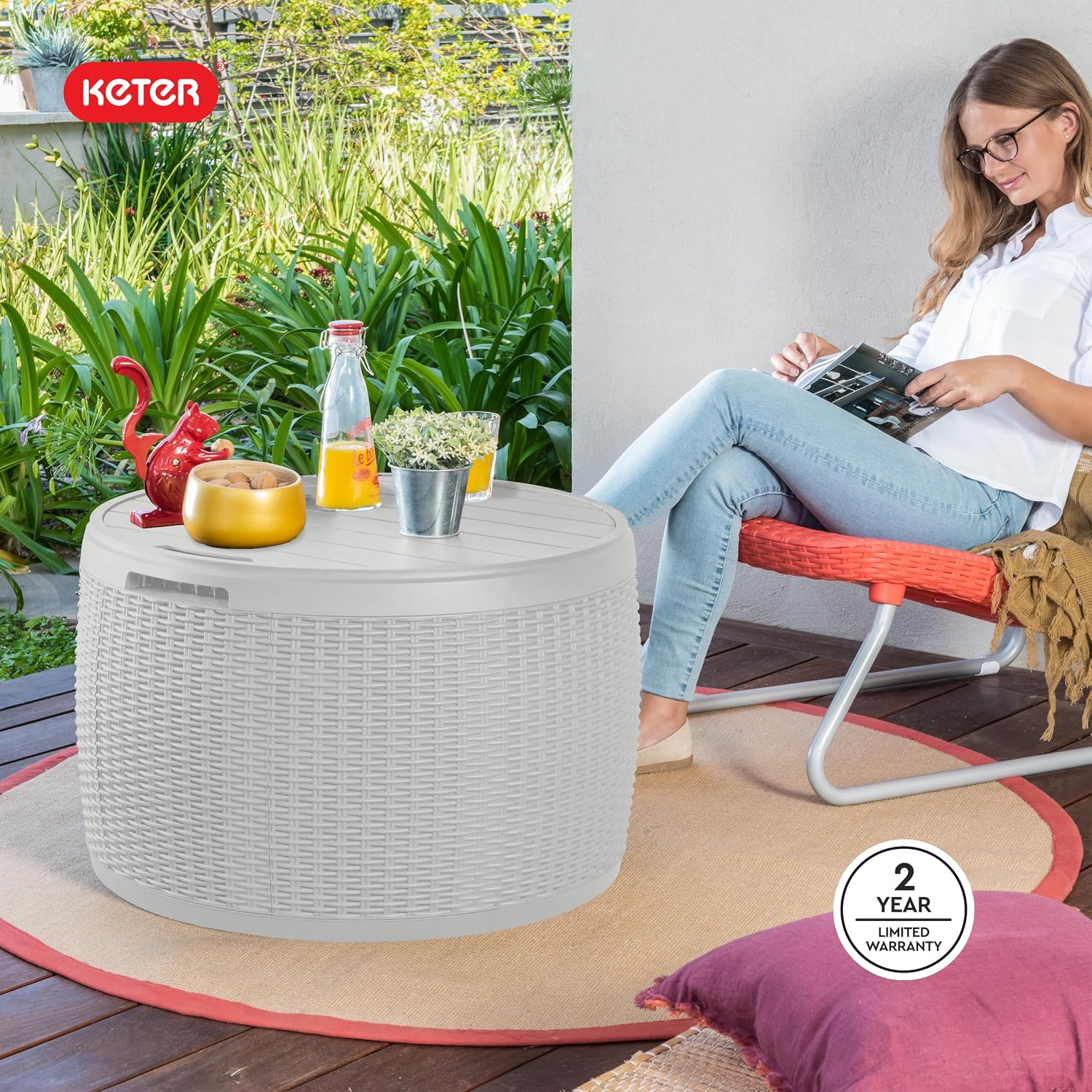 Keter Circa 37 Gallon Resin Deck Box Stool, All-Weather Outdoor Storage Seat with Rattan-Look Finish, Durable Patio Storage Bench for Cushions, Garden Tools, Pool Accessories