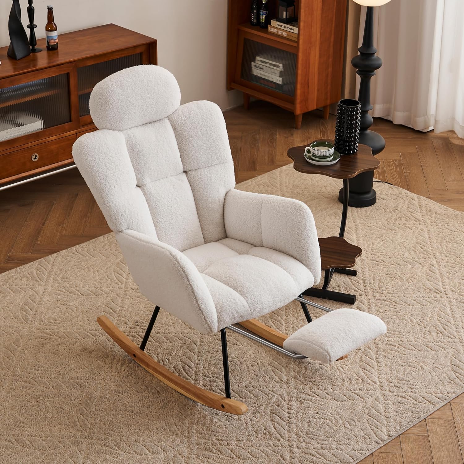 Modern Teddy Fabric Leisure Rocking Chair with Pillow Adjustable Footstool, High Backrest, Storage Pocket On The Right Side, Nursery Rocking Chair for Living Room, Bedroom, Nursing Room, Lvory