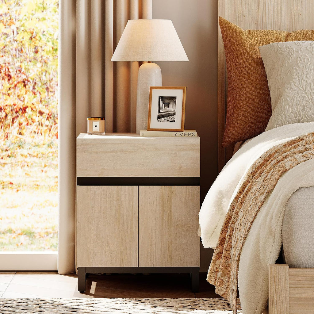 WAMPAT 2 Pack Nightstand with 1 Drawer and 1 Storage Cabinet, Modern Bedside Table with 2 Open Door for Bedroom, Wood Rustic Side End Table for Living Room, Light Oak