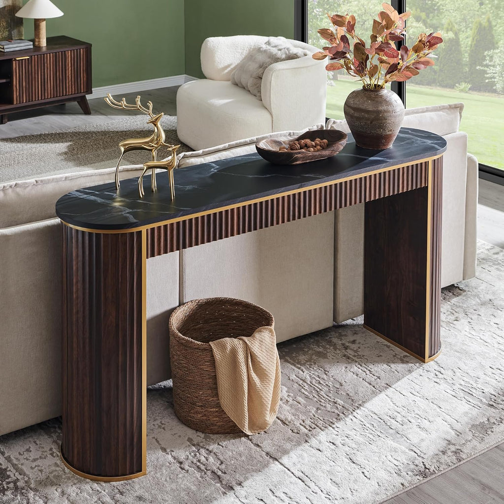 OKD Modern Fluted Console Table, 63" Long Narrow Entryway & Sofa Tables for Hallway, Tall Accent Table Behind Couch for Foyer Living Room, Dark Walnut