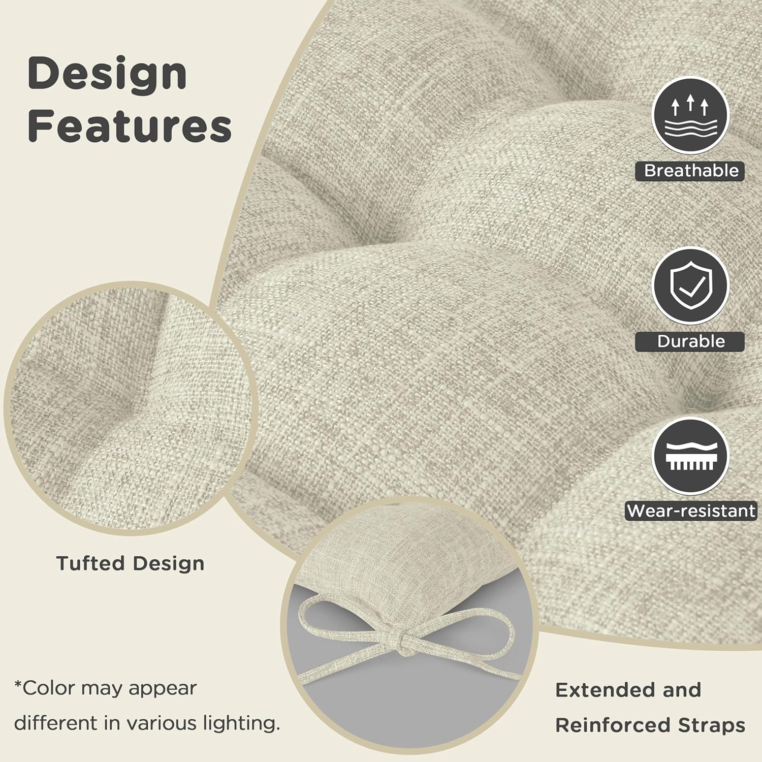 AddGrace Rocking Chair Cushions Indoor Tufted Cushions for Rocking Chairs with Ties Comfortable Textured Fabric Set of Seat & Back Cushion 21x17/17x17 Ivory