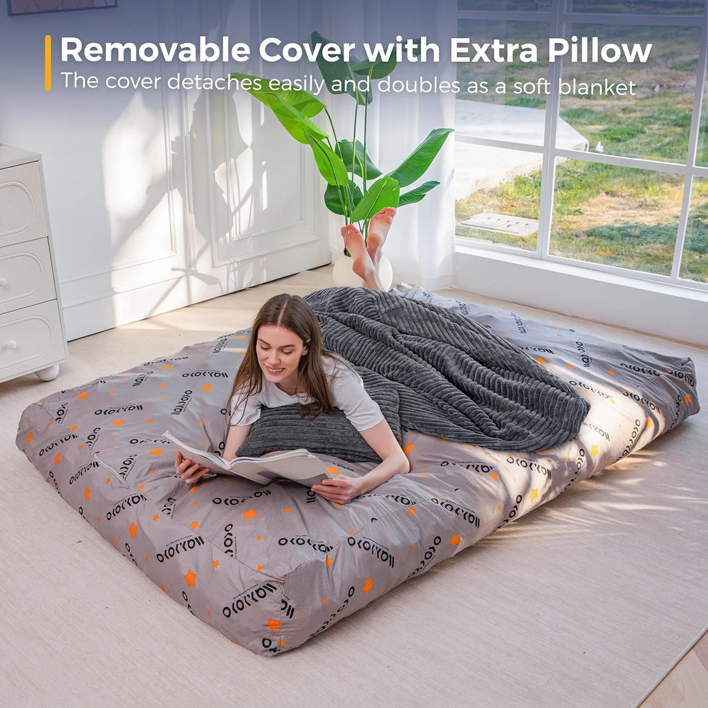 MAXYOYO Bean Bag Bed, Giant Bean Bag Chair for Adults, 2-Person with Pillow | 2-in-1 Adult Bean Bag Chair, Convertible Floor Bed with Shredded Foam Filling and Removable Cover for Easy Care, Dark Grey