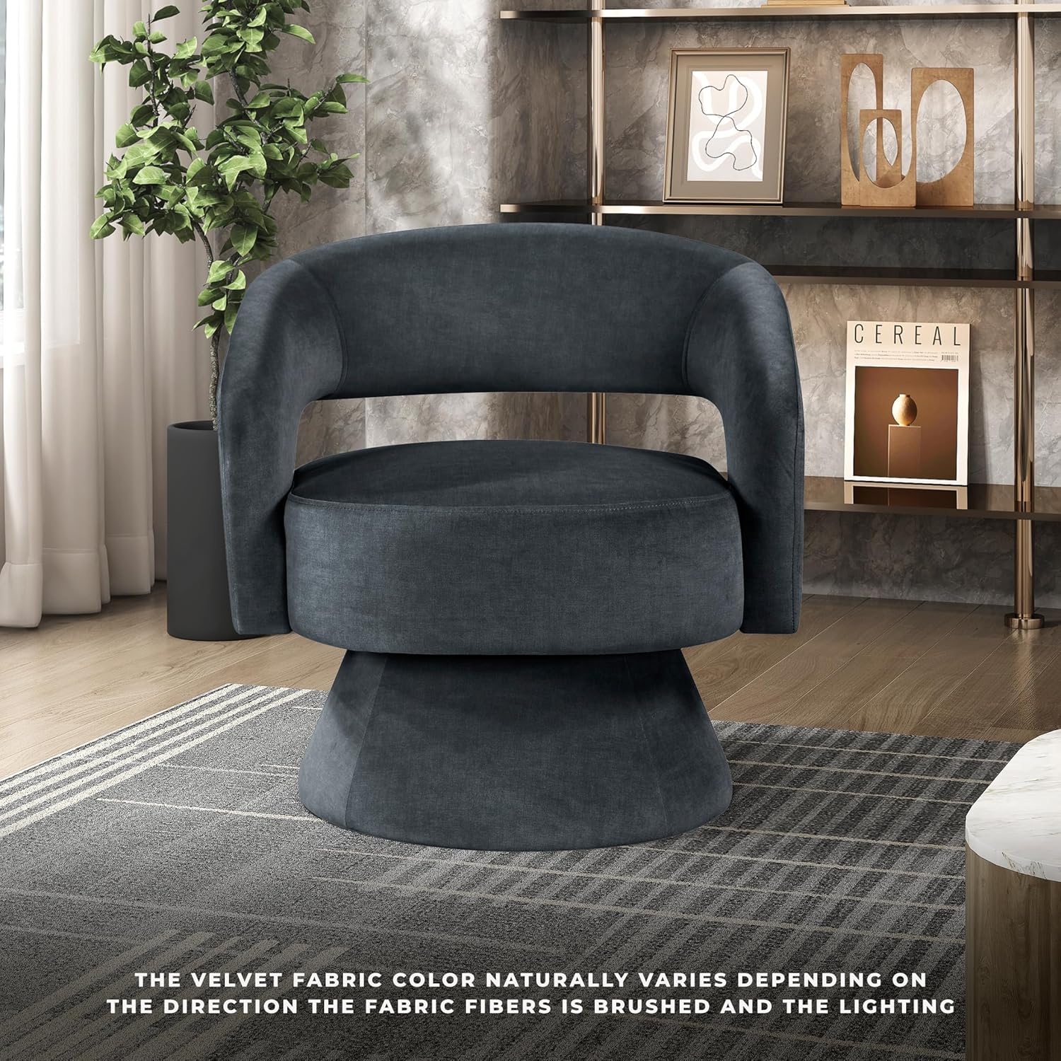 Lexicon 360 Degree Swivel Accent Chair, Modern Comfy Velvet Round Barrel Chair, Open Back, Plush Foam Cushions, Metal Swivel Base for Living Room/Bedroom/Office/Small Spaces, Dark Gray