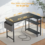 TIQLAB Gaming Desk with Power Outlets - 40 inch L Shaped Computer Desk, Reversible Design Small Corner Desk, Bookshelf Workstation for Work Study Play Home Office, Black