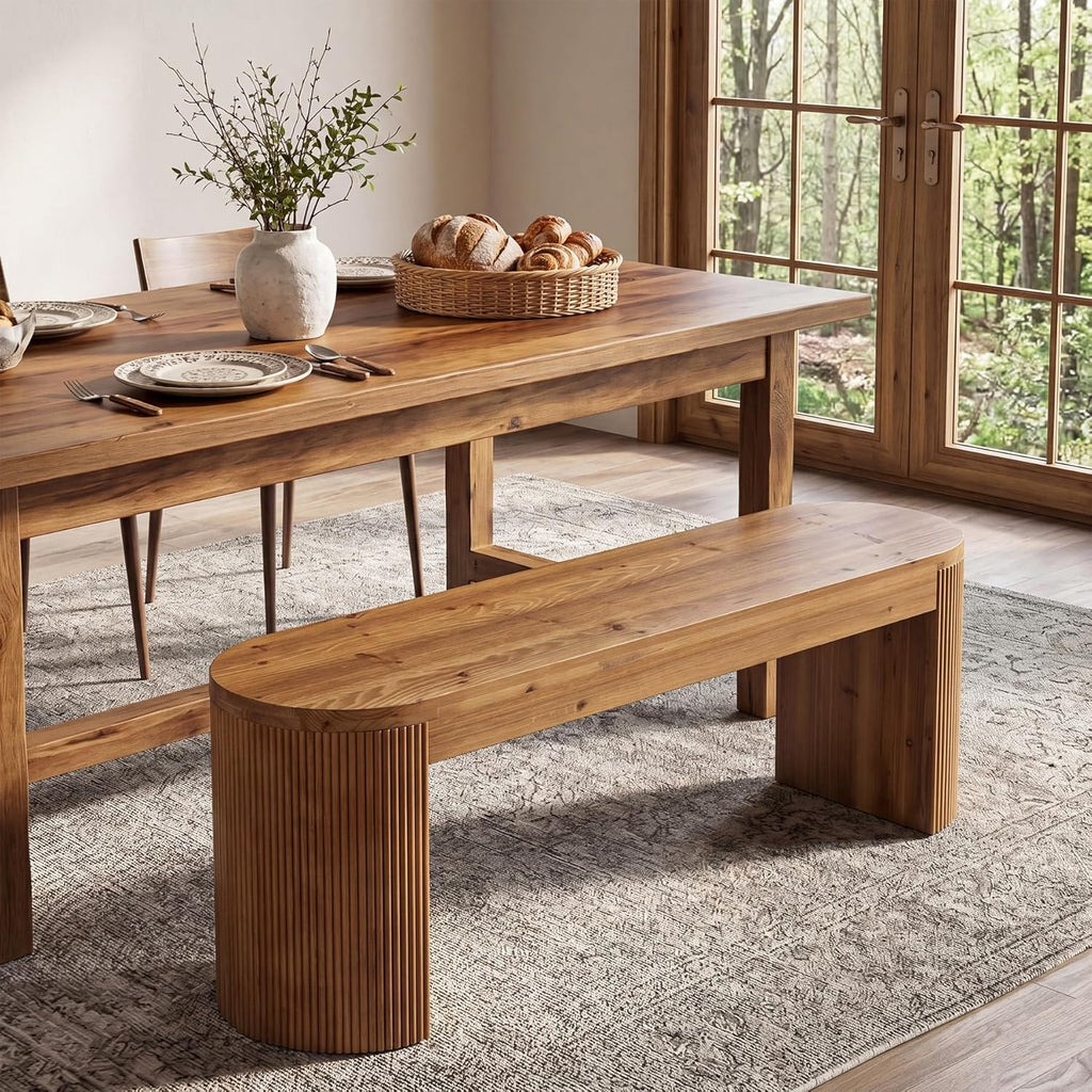 LITTLE TREE 55” Solid Wood Entryway Bench, Farmhouse Dining Bench with Fluted Legs & Half Round Curved Sides, Long Shoe Bench with Storage, Wooden End of Bed Bench for Bedroom, Dining Room