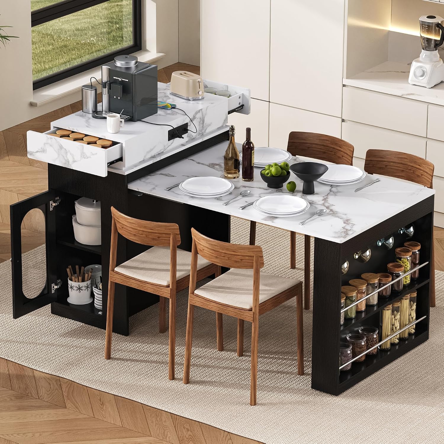 Extendable Dining Table with Storage, Transformer Console Table for 1-4 People, Mobile Rolling Island Table Space Saving Dining Room Table with Built-in Outlet for Homes, Apartments, Black Marble