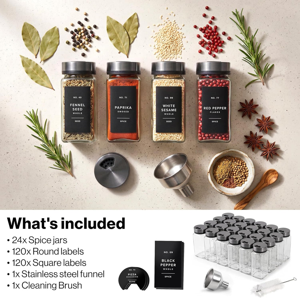 EDELHAUS Glass Spice Jars with Label and Space Gray Rotating Lids (24 x 4oz) Spice Containers with 240 Labels, Shaker Inserts, Steel Funnel, Empty Square Containers