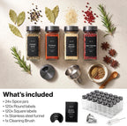 EDELHAUS Glass Spice Jars with Label and Space Gray Rotating Lids (24 x 4oz) Spice Containers with 240 Labels, Shaker Inserts, Steel Funnel, Empty Square Containers