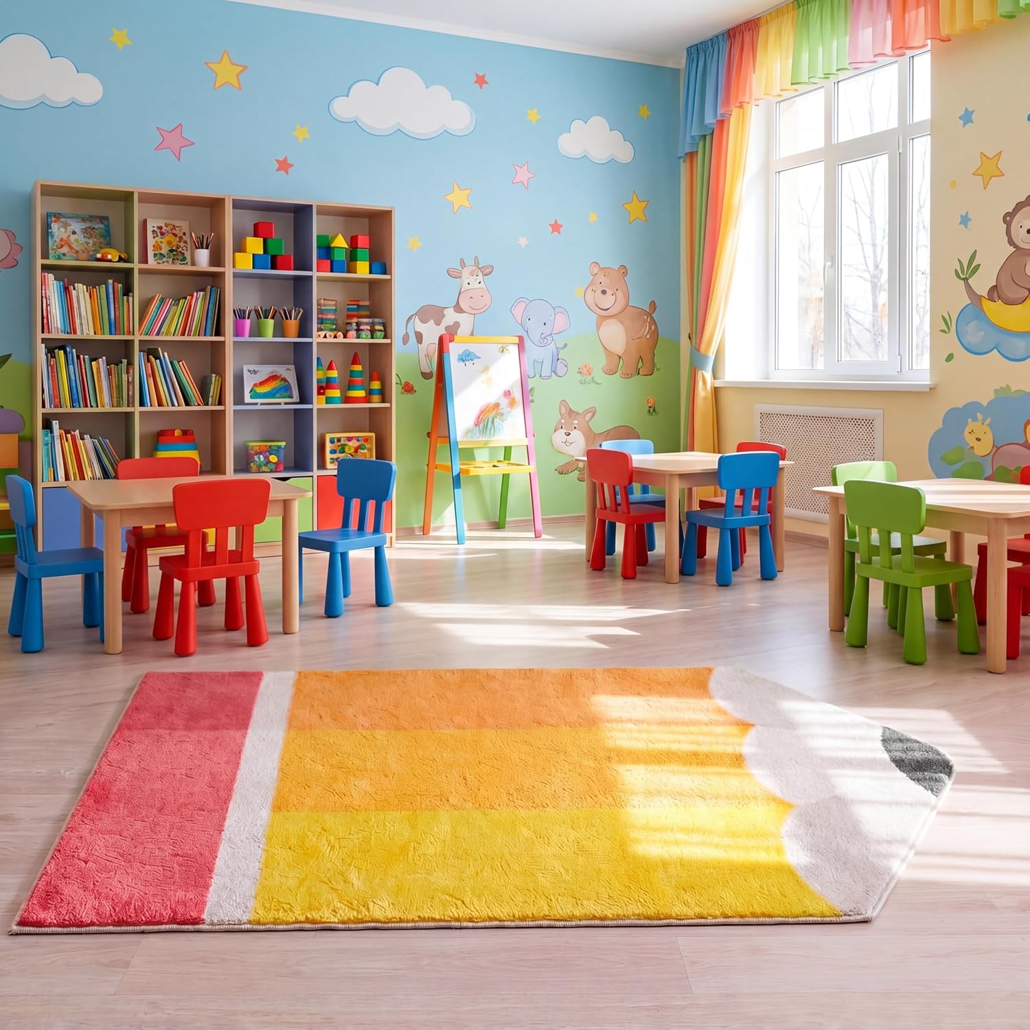 Breling 4 x 6 ft Pencil Rug Classroom Decor Educational Area Rug Soft Faux Wool Floor Mat Non Slip Cushion Welcome for Back to School Teacher Party Gift Learning Play Read Corner