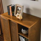 Ball & Cast 32" Mid Century Modern Rattan Sideboard Cabinet with 2 Sliding Doors, Buffet Cabinet w/Adjustable Shelf & Solid Wood Legs for Entryway, Living Room, Kitchen,Dining Room, Light Walnut