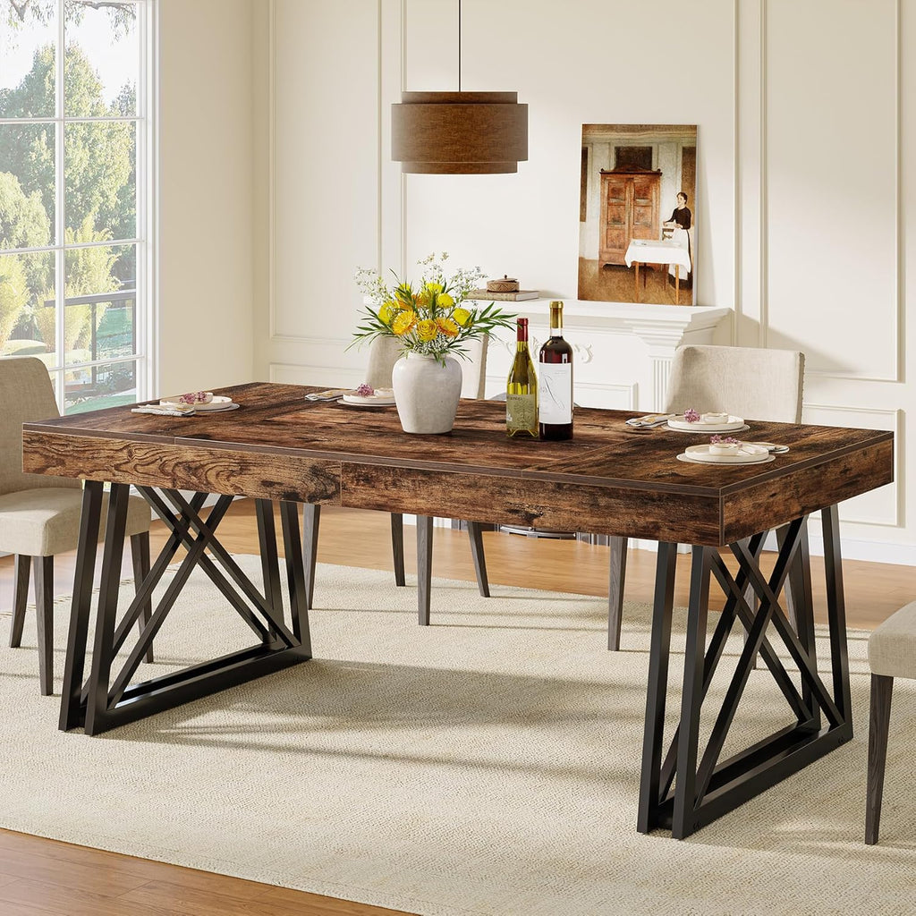 Tribesigns 63-Inch Dining Table for 4-6, Industrial Farmhouse Kitchen Table with Reinforced X-Shaped Metal Legs for Dining & Living Room, Kitchen, Vintage Brown and Black