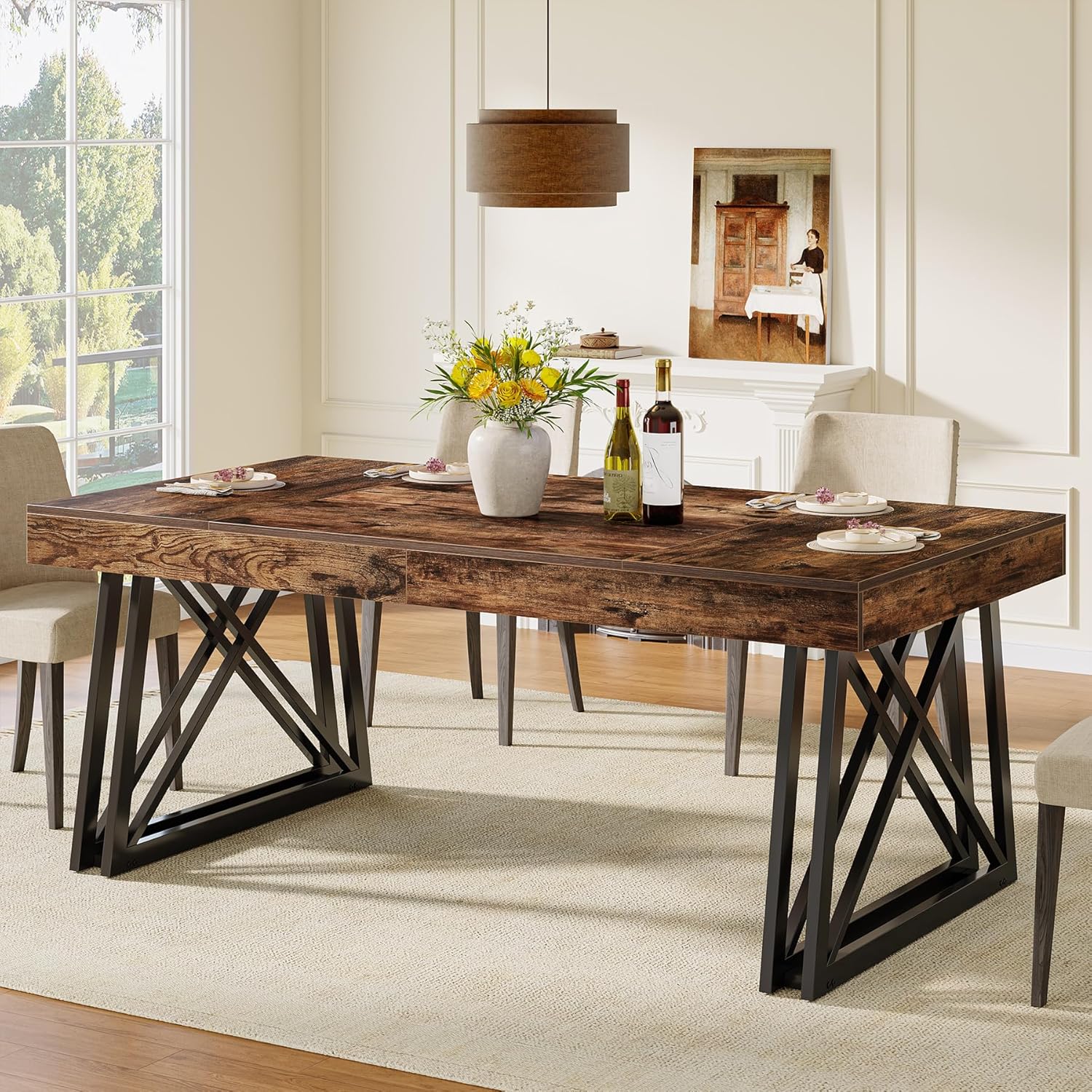 Tribesigns 63-Inch Dining Table for 4-6, Industrial Farmhouse Kitchen Table with Reinforced X-Shaped Metal Legs for Dining & Living Room, Kitchen, Vintage Brown and Black