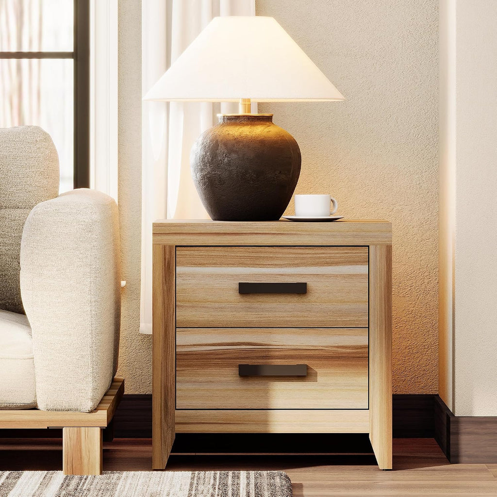 WAMPAT End Table with 2 Large Drawers, Farmhouse Side Table with Storage, Rustic Wood Nightstand Bedside Table for Bedroom and Living Room, Two-Tone