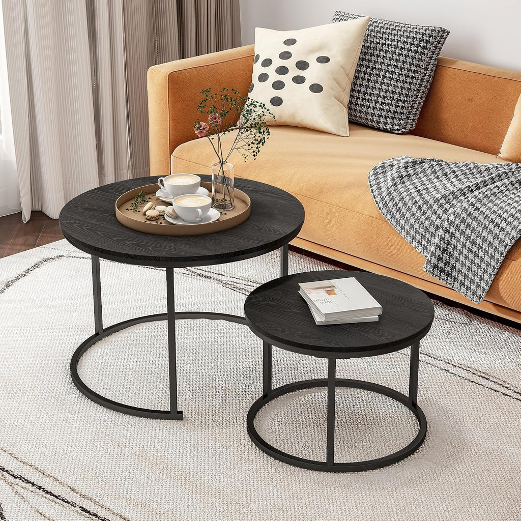 HOJINLINERO Round Coffee Table,Nesting Coffee Table Set of 2,Center Tables for Living Room,Office, Home Small Space,Stacking Side Tables,Sturdy and Easy Assembly,Wood Desktop,Black,Large