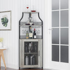 Amyove Corner Wine Bar Cabinet with Detachable Wine Rack, Industrial Wine Cabinet with Glass Holder, Small Sideboard and Liquor Coffee Bar Cabinet with Mesh Door, ‎Grey