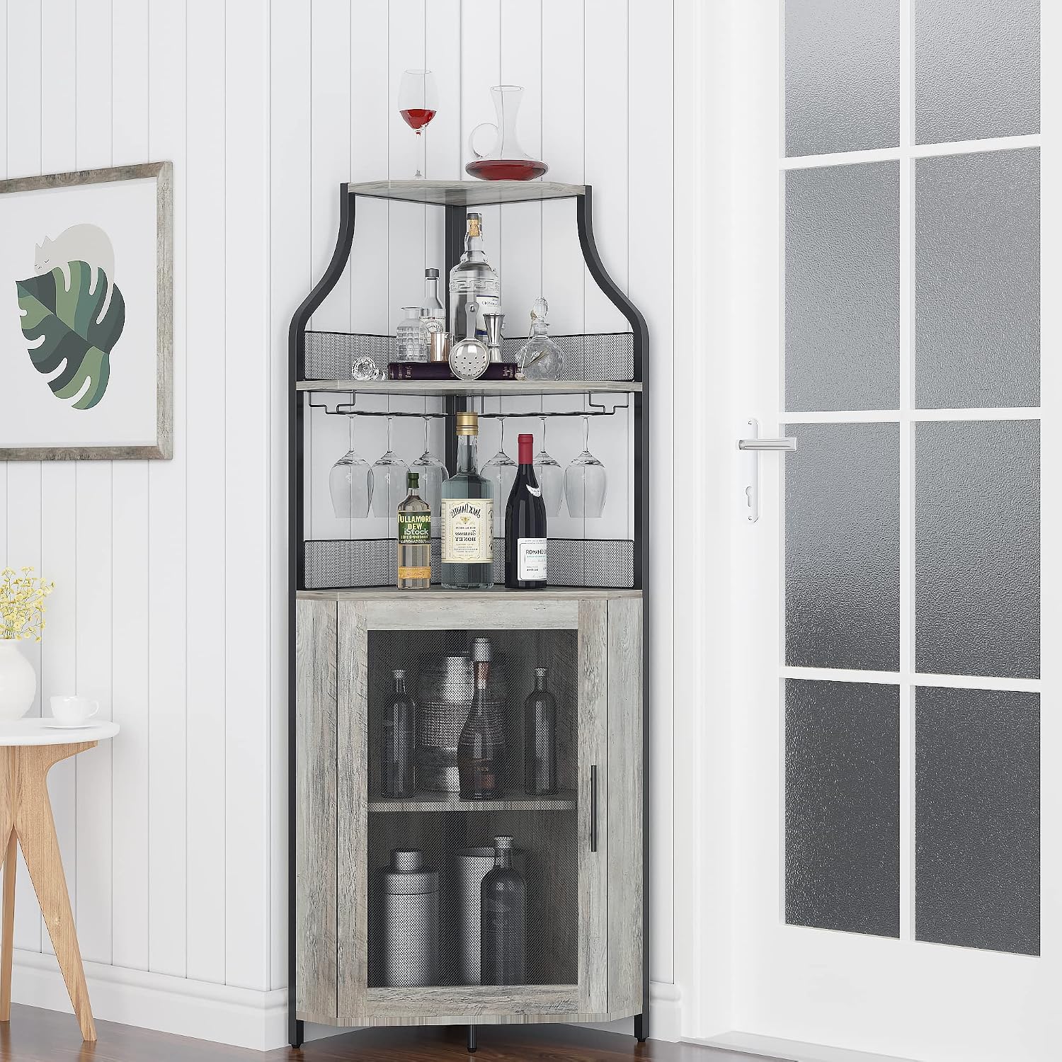Amyove Corner Wine Bar Cabinet with Detachable Wine Rack, Industrial Wine Cabinet with Glass Holder, Small Sideboard and Liquor Coffee Bar Cabinet with Mesh Door, ‎Grey