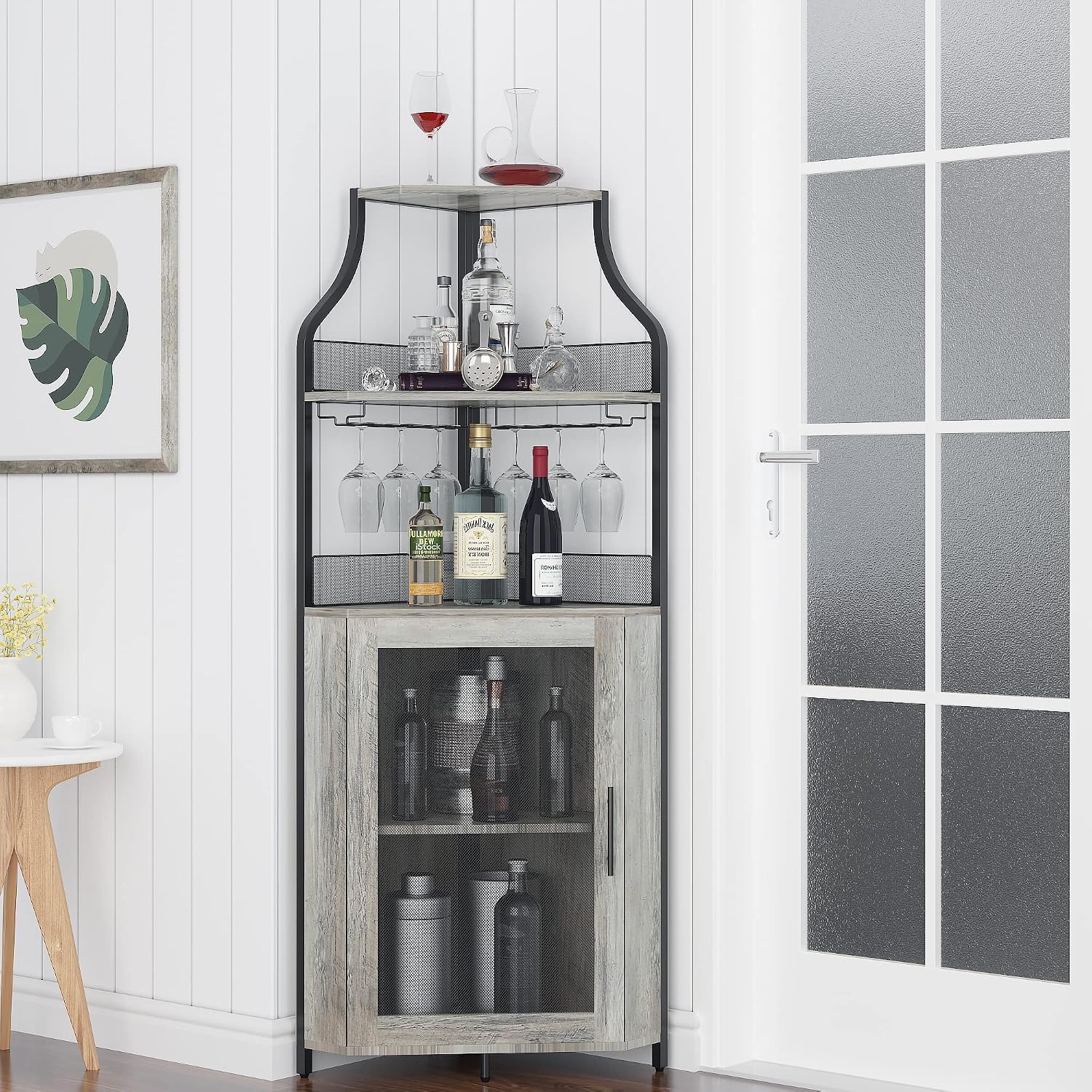 Alkmaar Corner Wine Cabinets, Bar Cabinets with Glass Shelves, Sideboards and Buffet Cabinets with Shelves, with Anti-Tipping Device (Grey)