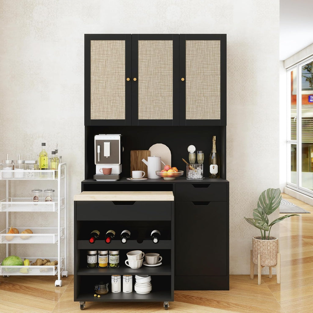 69" Kitchen Pantry Cabinet with Microwave Stand & Rolling Cart - Freestanding Storage Cabinet, 3 Rattan Doors, Adjustable Shelves, Anti-Tip Design for Kitchen, Dining Room, Black