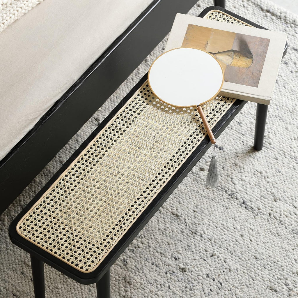 47.24" Modern Oak Wood Dining Bench with Woven Rattan Seat Solid Wood Entryway Bench for Bedroom End of Bed Living Room, Black