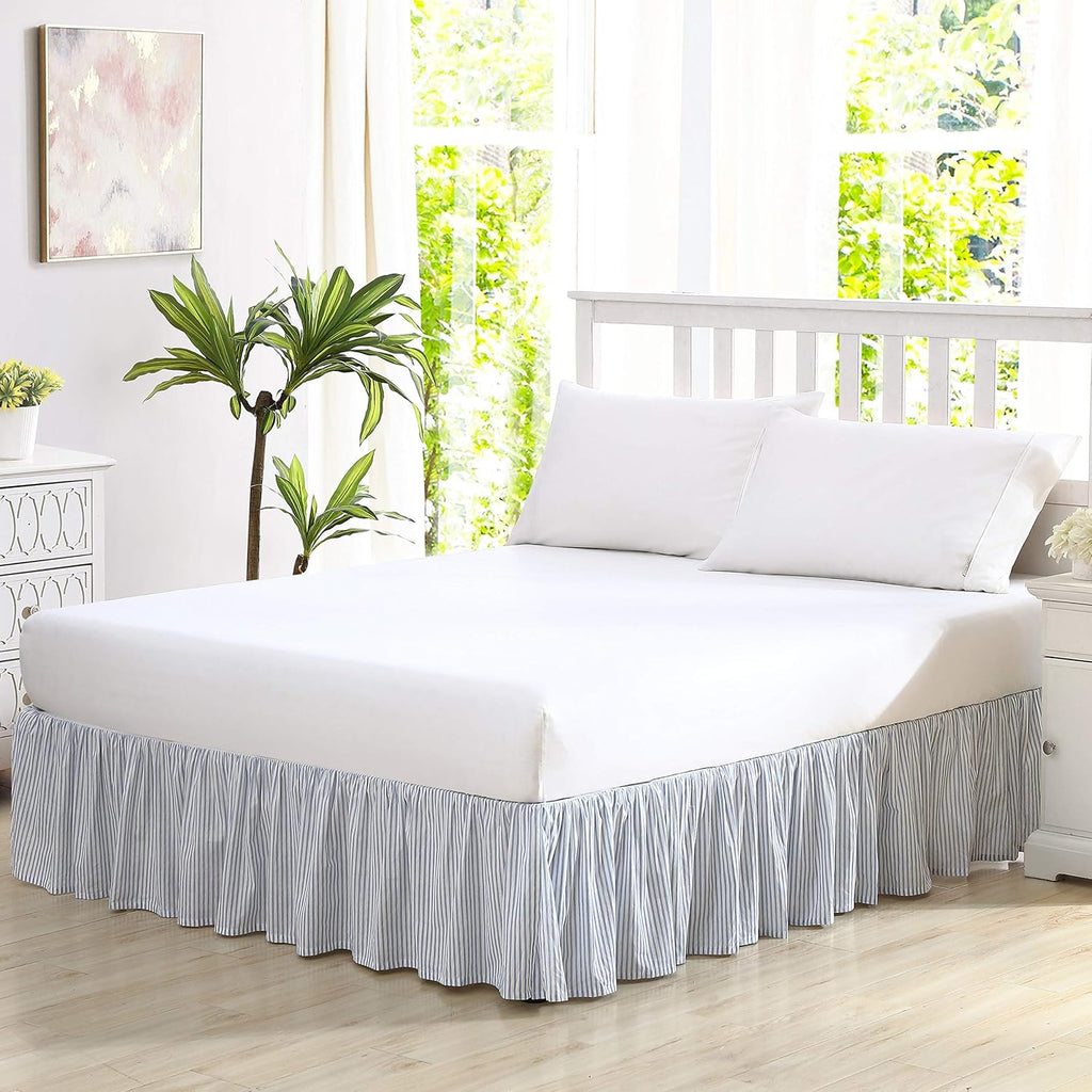 Laura Ashley - Queen Bedskirt, 100% Cotton Fabric with a Smooth and Lightweight Construction, 14.5" Drop Length, Stripe Bedding Design (Classic Ticking Blue)