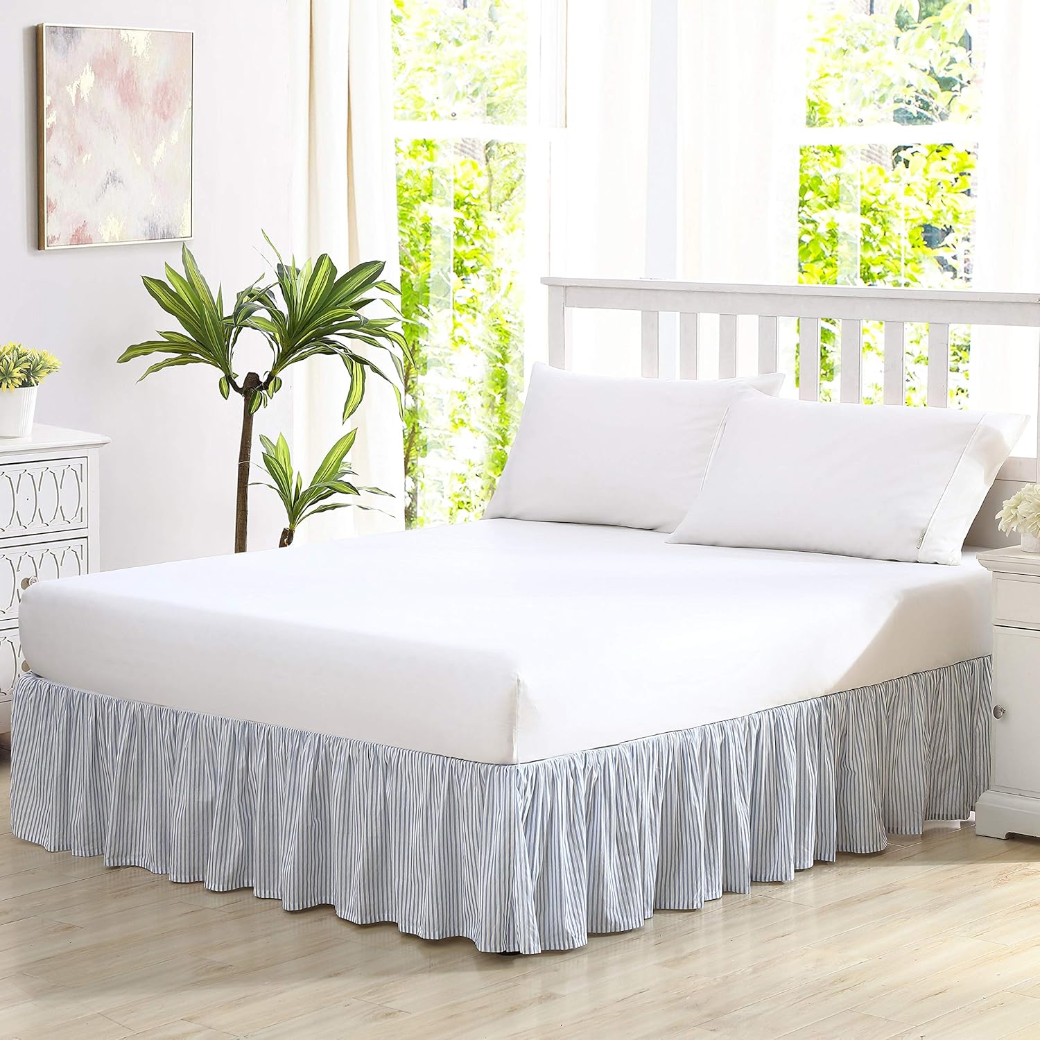 Laura Ashley - Queen Bedskirt, 100% Cotton Fabric with a Smooth and Lightweight Construction, 14.5" Drop Length, Stripe Bedding Design (Classic Ticking Blue)
